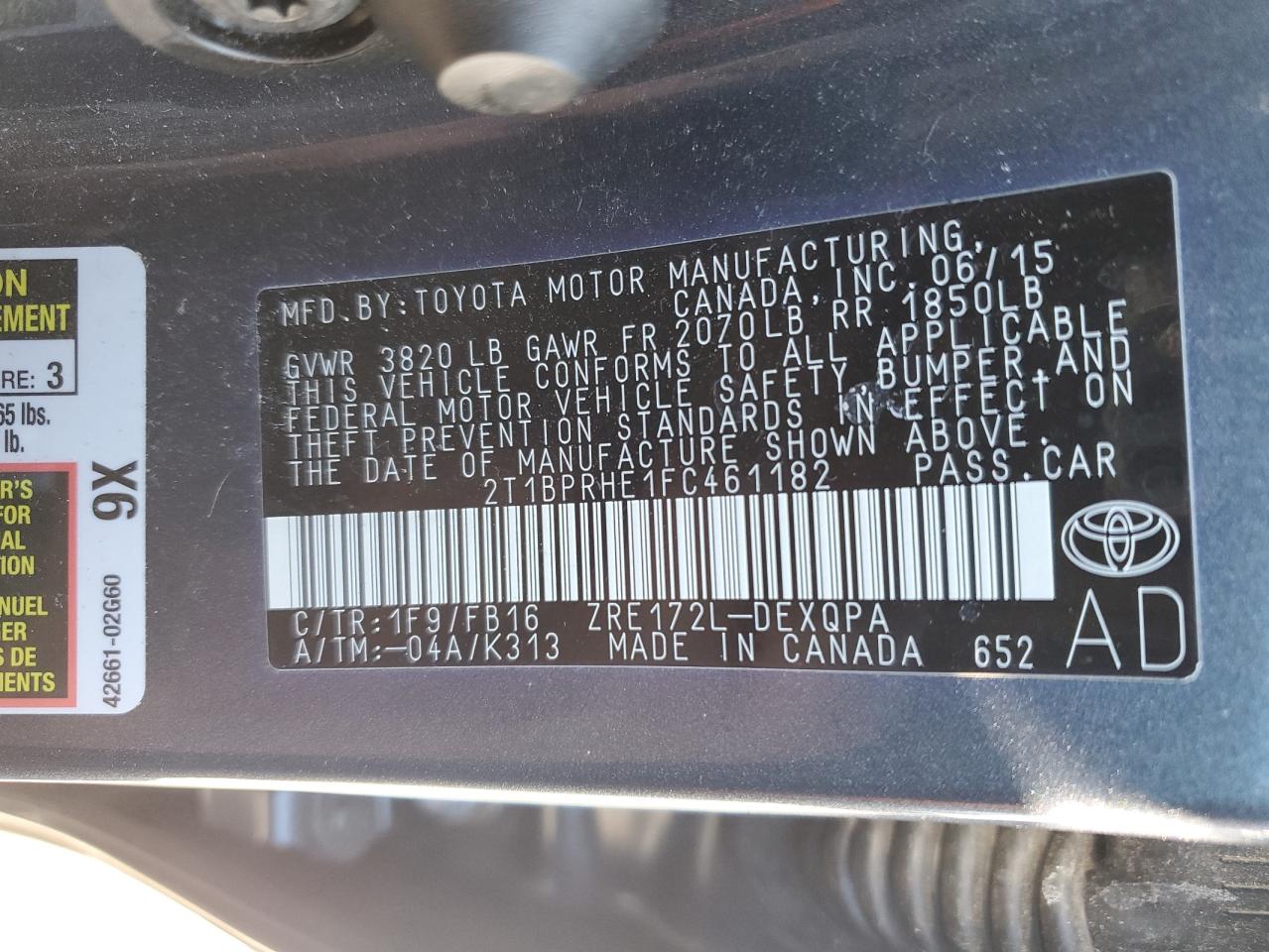 2015 Toyota Corolla VIN 2T1BPRHE1FC461182 Copart auction photo, front end damage thumbnail 13
