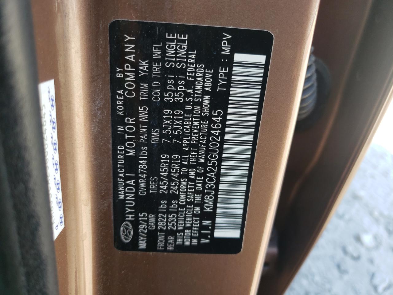 2016 Hyundai Tucson VIN KM8J3CA25GU024645 Copart auction photo, mechanical / minor dent/scratches damage thumbnail 13