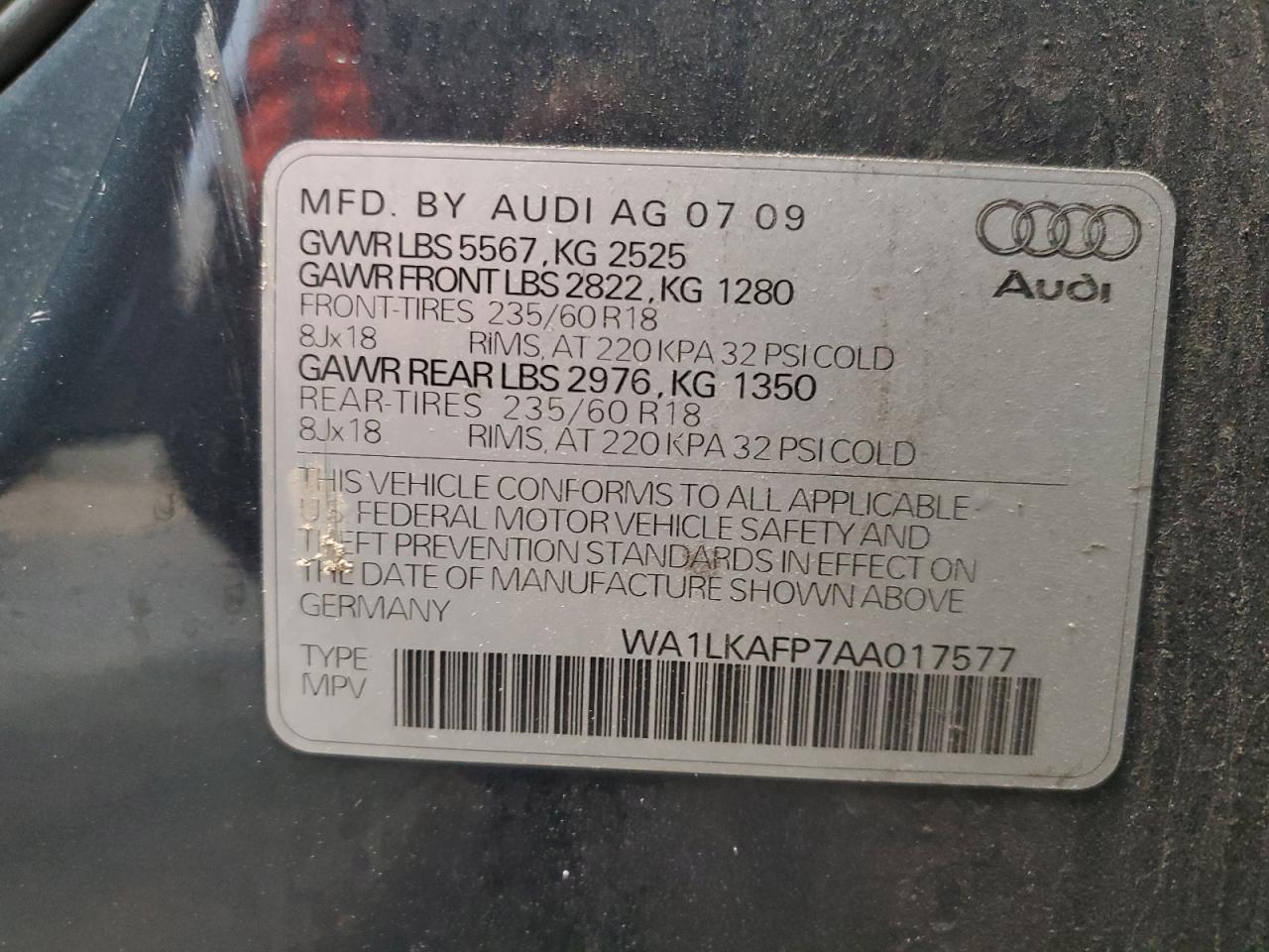 2010 Audi Q5 VIN WA1LKAFP7AA017577 Copart auction photo, rear end / side damage thumbnail 13