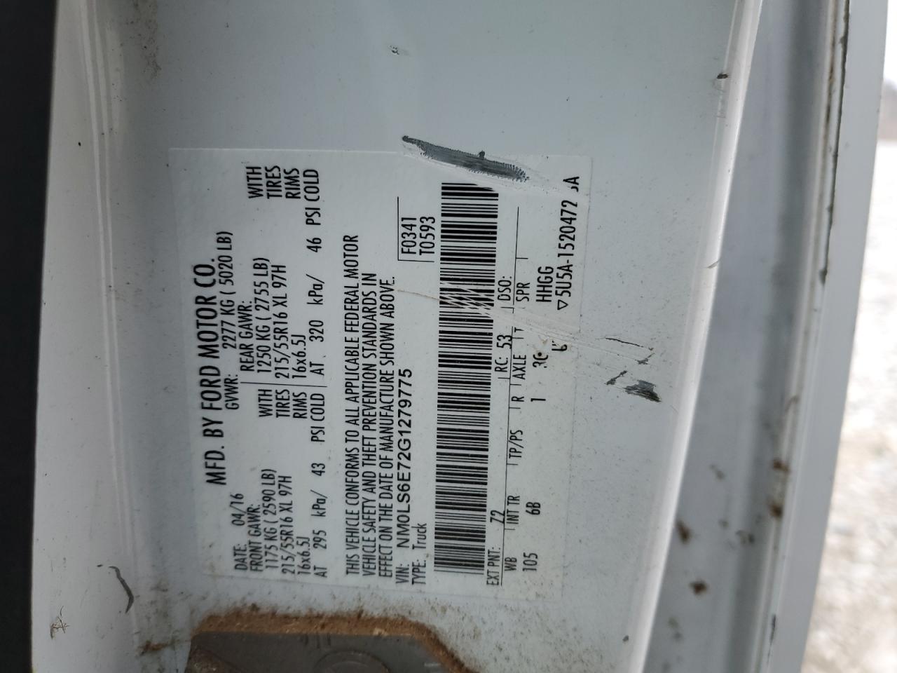 2016 Ford Transit VIN NM0LS6E72G1279775 Copart auction photo, all over damage thumbnail 13