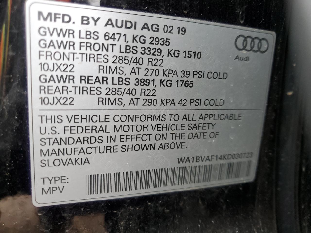 2019 Audi Q8 VIN WA1BVAF14KD030723 Copart auction photo, rear end damage thumbnail 14