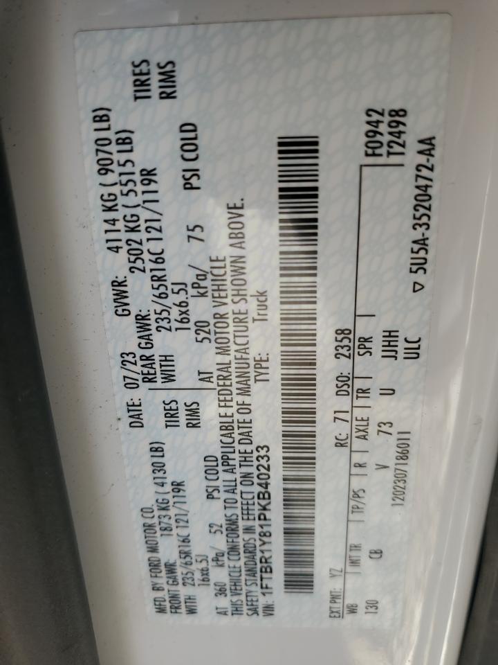 2023 Ford Transit VIN 1FTBR1Y81PKB40233 Copart auction photo, all over damage thumbnail 14