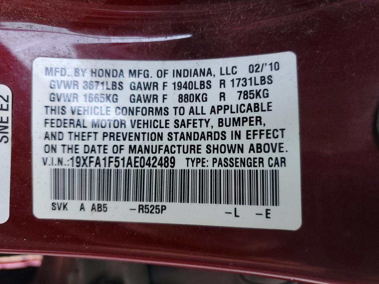 2010 Honda Civic VIN 19XFA1F51AE042489 Copart auction photo, front end damage thumbnail 12