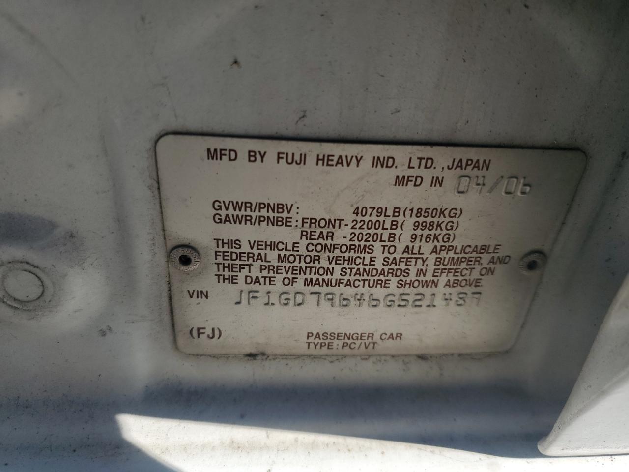 2006 Subaru WRX VIN JF1GD79646G521487 Copart auction photo, all over damage thumbnail 12