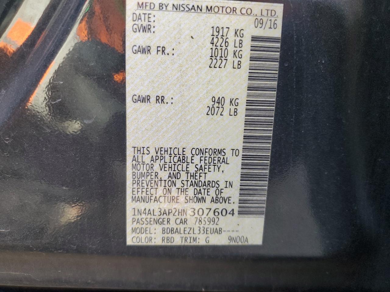 2017 Nissan Altima VIN 1N4AL3AP2HN307604 Copart auction photo, minor dent/scratches damage thumbnail 12