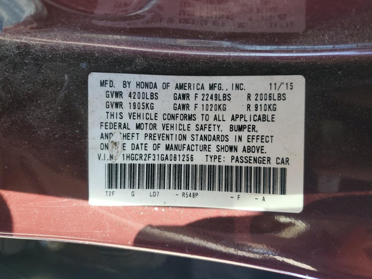 2016 Honda Accord VIN 1HGCR2F31GA081256 Copart auction photo, front end / undercarriage damage thumbnail 15