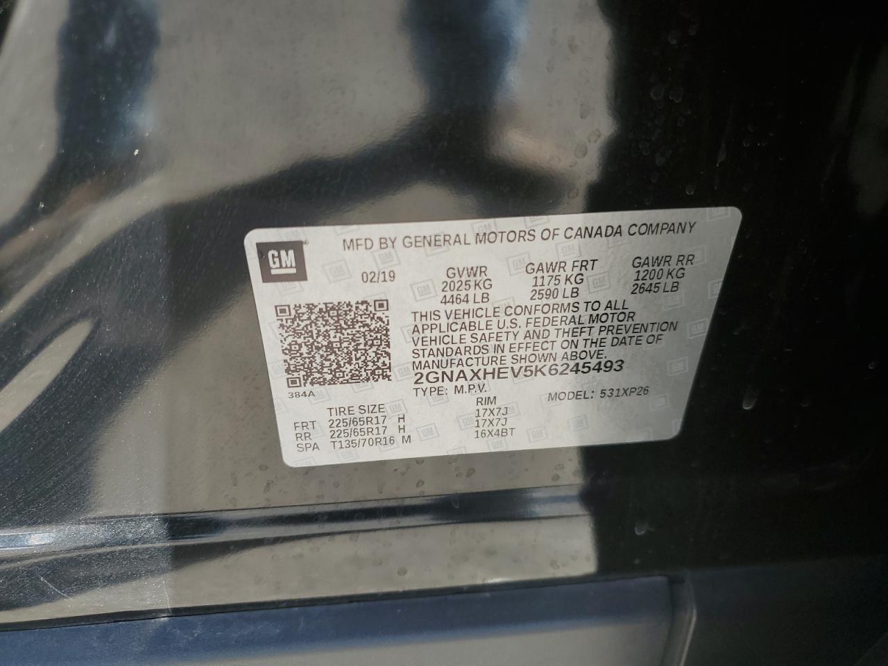 2019 Chevrolet Equinox VIN 2GNAXHEV5K6245493 Copart auction photo, front end damage thumbnail 15