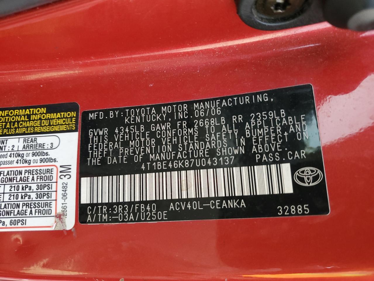 2007 Toyota Camry VIN 4T1BE46K87U043137 Copart auction photo, rear end / front end damage thumbnail 14