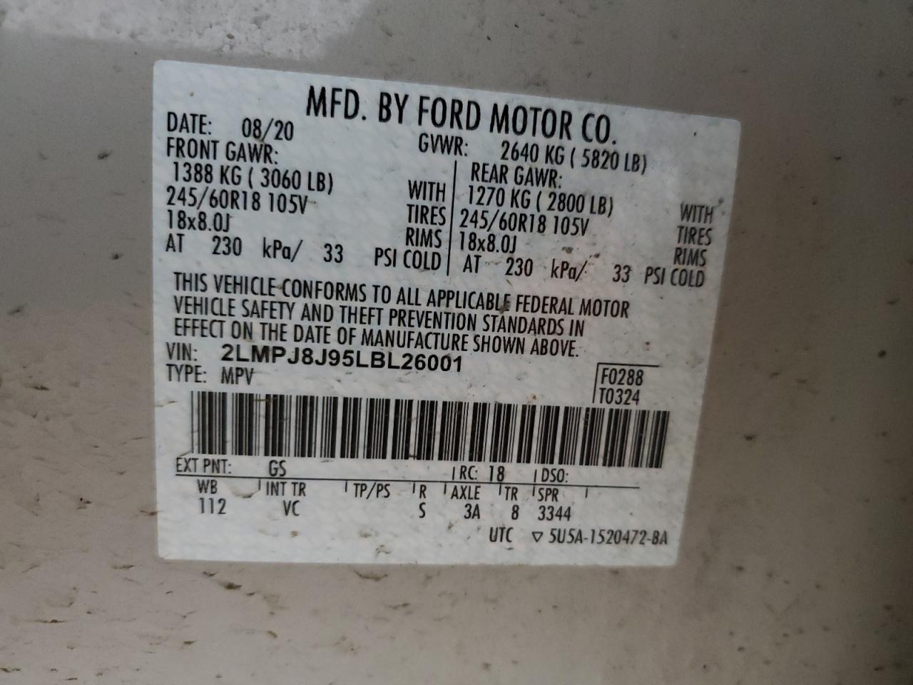 2020 Lincoln Nautilus VIN 2LMPJ8J95LBL26001 Copart auction photo, side damage thumbnail 13