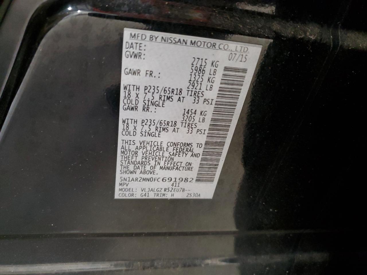 2015 Nissan Pathfinder VIN 5N1AR2MN0FC691982 Copart auction photo, rollover damage thumbnail 13