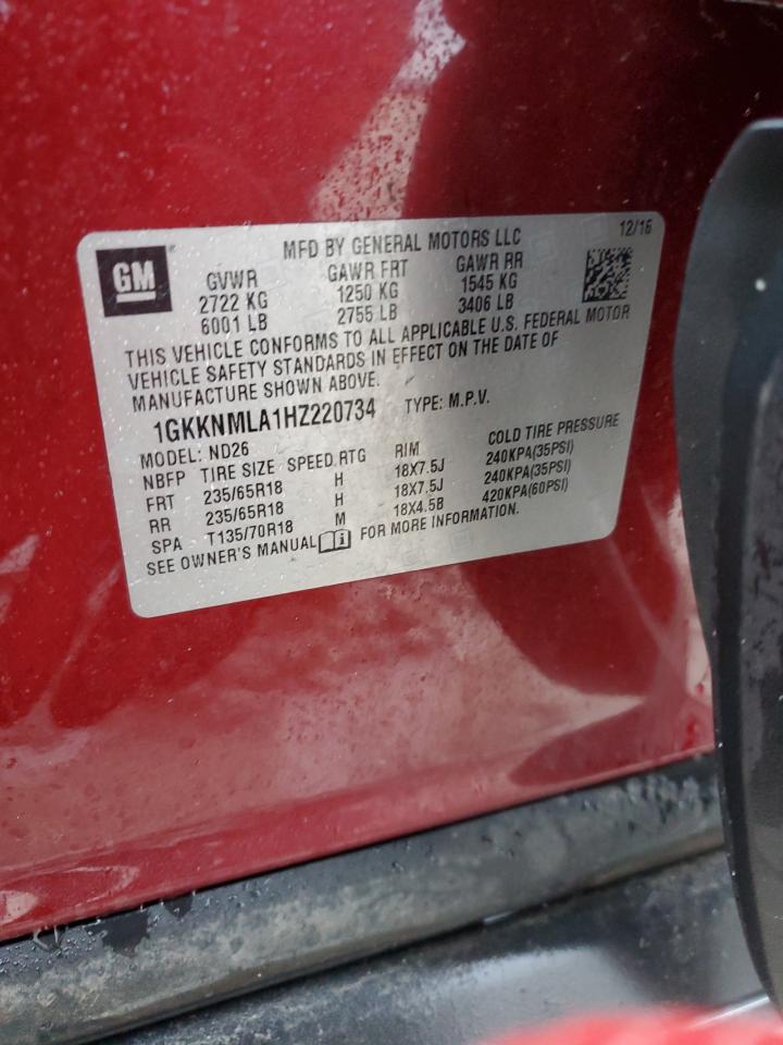 2017 GMC Acadia VIN 1GKKNMLA1HZ220734 Copart auction photo, rear end damage thumbnail 14