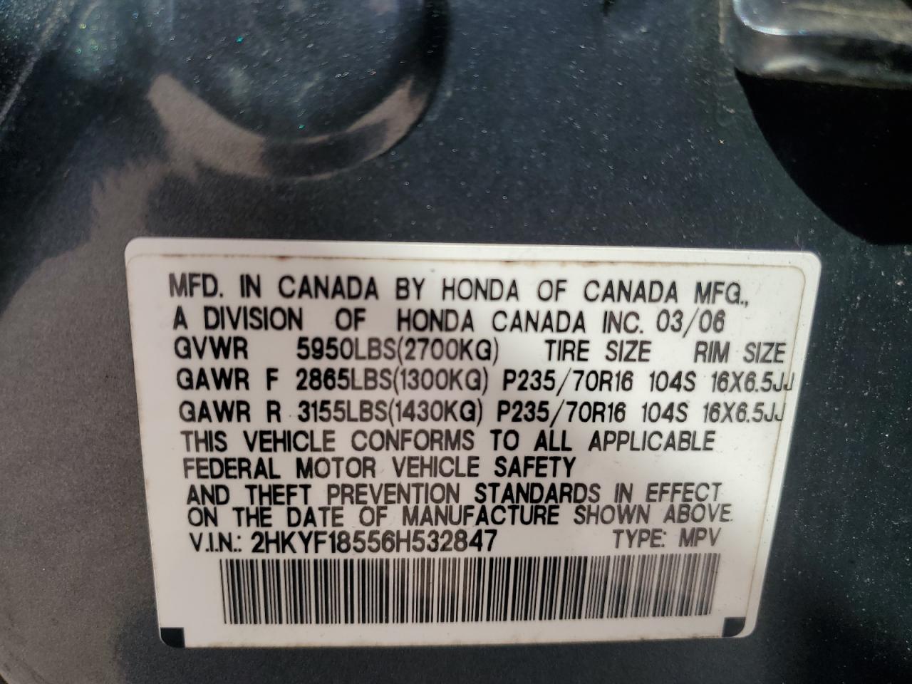 2006 Honda Pilot VIN 2HKYF18556H532847 Copart auction photo, minor dent/scratches damage thumbnail 13