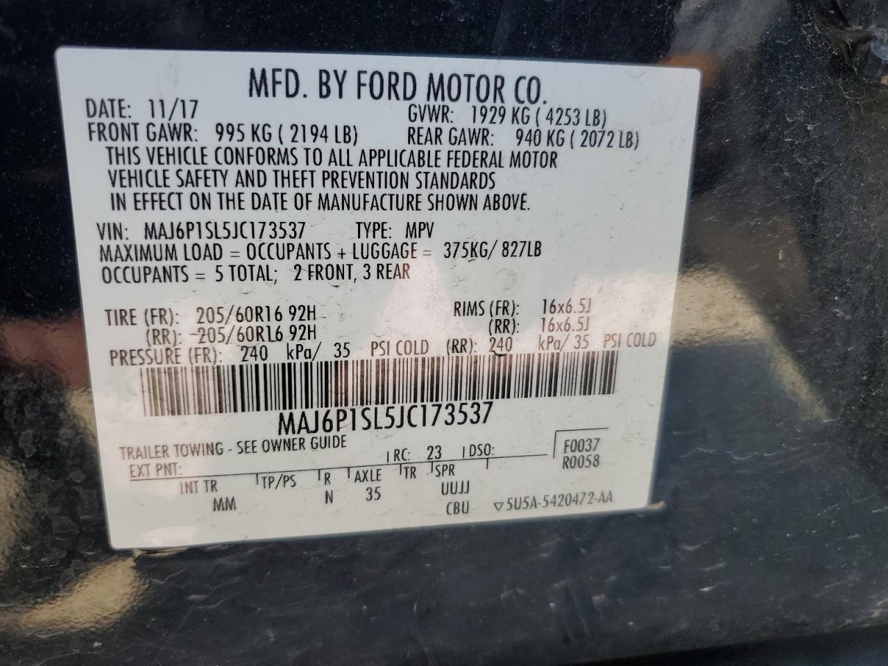 2018 Ford EcoSport VIN MAJ6P1SL5JC173537 Copart auction photo, front end damage thumbnail 13
