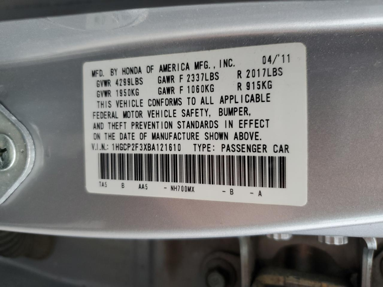 2011 Honda Accord VIN 1HGCP2F3XBA121610 Copart auction photo, front end / mechanical damage thumbnail 12