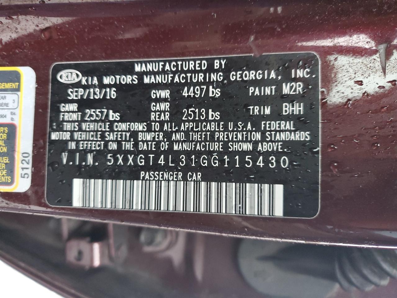 2016 KIA Optima VIN 5XXGT4L31GG115430 Copart auction photo, front end / undercarriage damage thumbnail 13