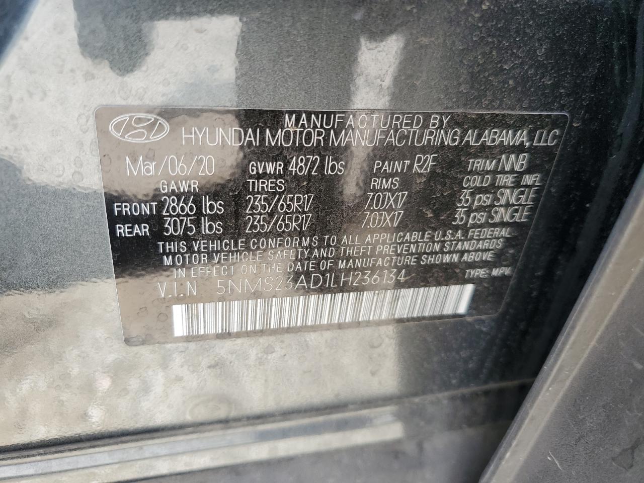 2020 Hyundai Santa Fe VIN 5NMS23AD1LH236134 Copart auction photo, rear end damage thumbnail 13