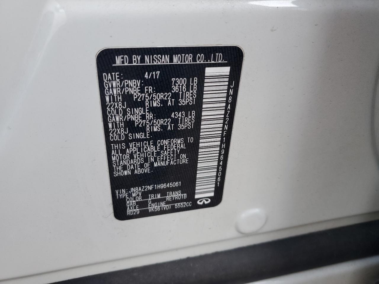 2017 Infiniti QX80 VIN JN8AZ2NF1H9645061 Copart auction photo, front end damage thumbnail 14