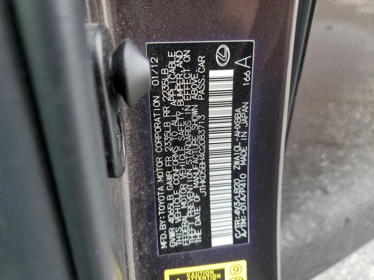 2012 Lexus CT VIN JTHKD5BH4C2083713 Copart auction photo, front end damage thumbnail 12