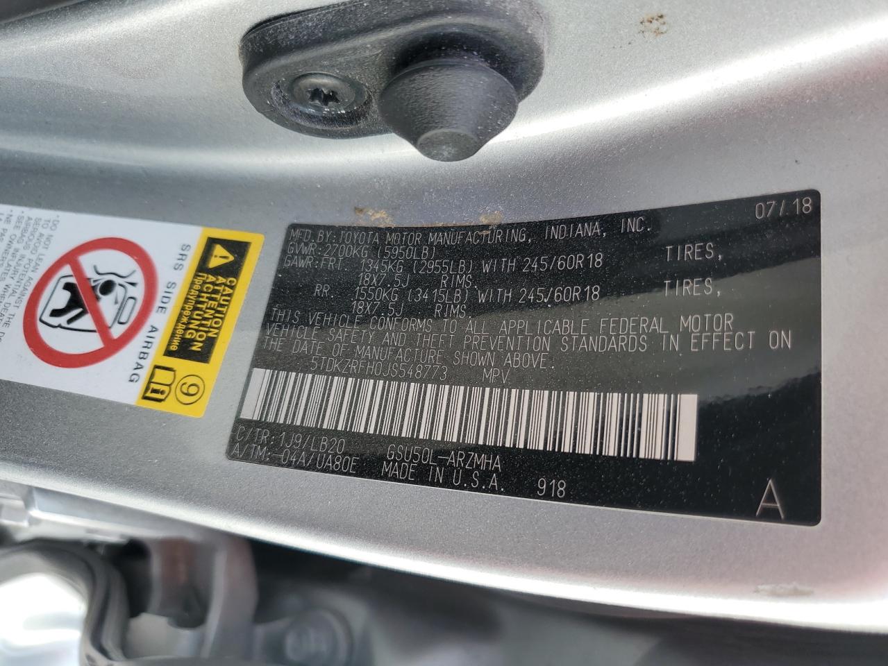 2018 Toyota Highlander VIN 5TDKZRFH0JS548773 Copart auction photo, all over damage thumbnail 13