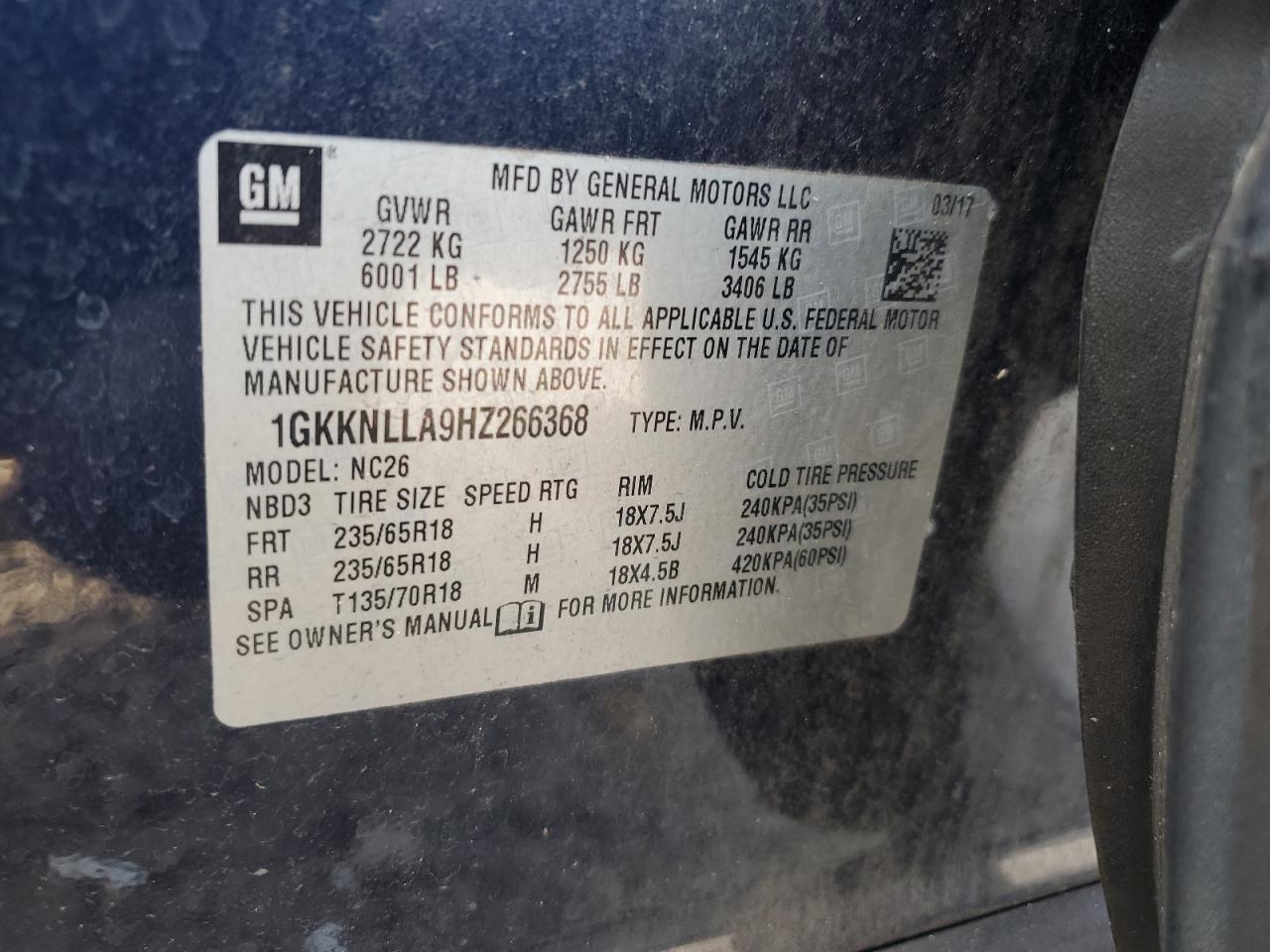 2017 GMC Acadia VIN 1GKKNLLA9HZ266368 Copart auction photo, front end damage thumbnail 15