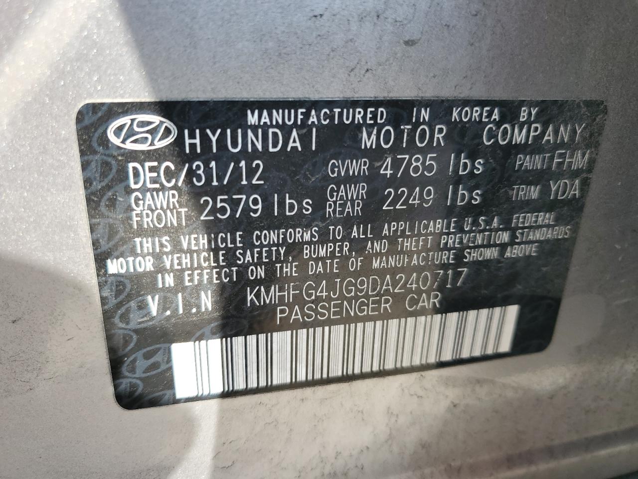 2013 Hyundai Azera VIN KMHFG4JG9DA240717 Copart auction photo, front end / undercarriage damage thumbnail 12