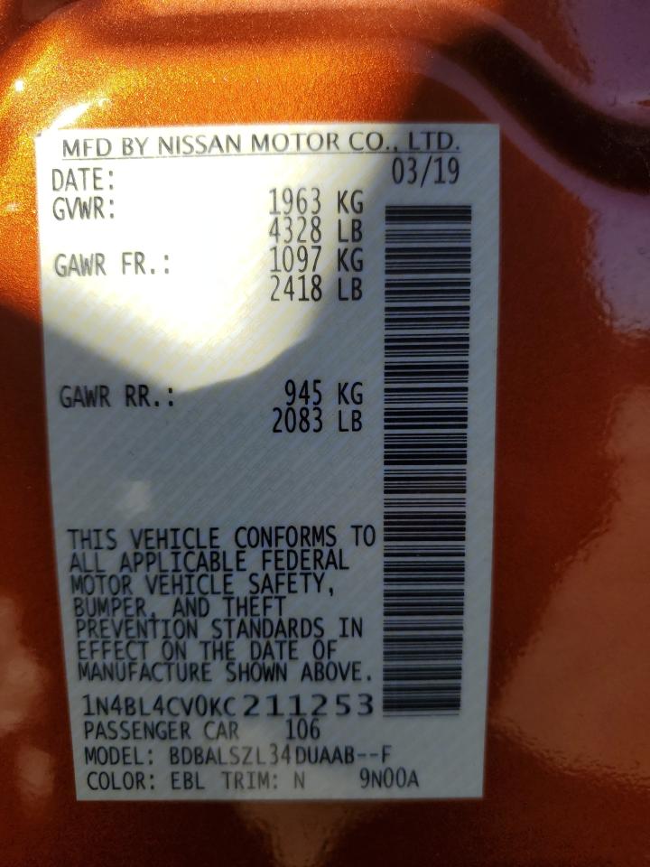 2019 Nissan Altima VIN 1N4BL4CV0KC211253 Copart auction photo, front end / rear end damage thumbnail 14