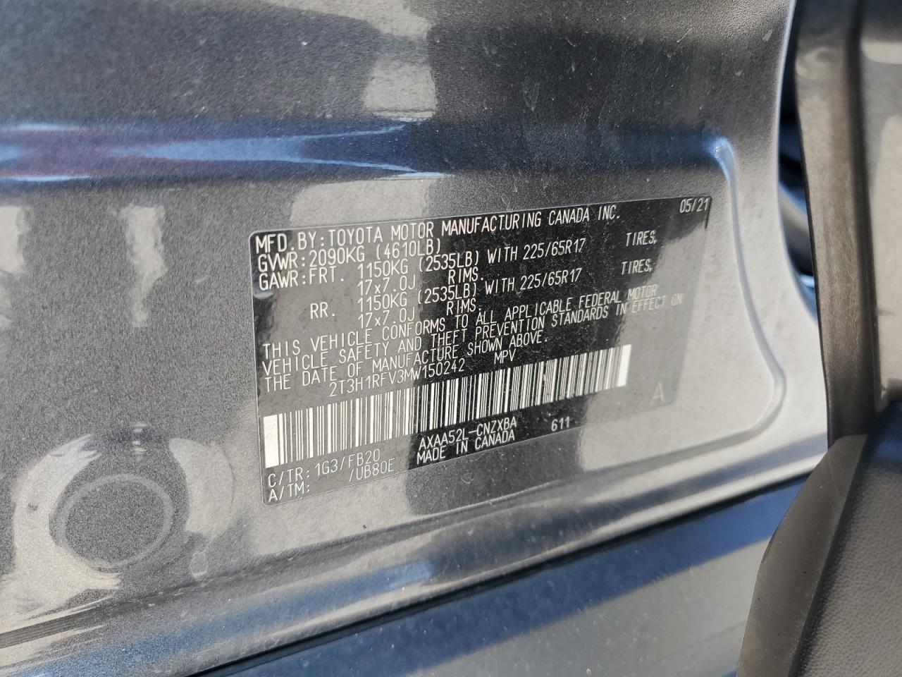 2021 Toyota RAV 4 VIN 2T3H1RFV3MW150242 Copart auction photo, front end damage thumbnail 12