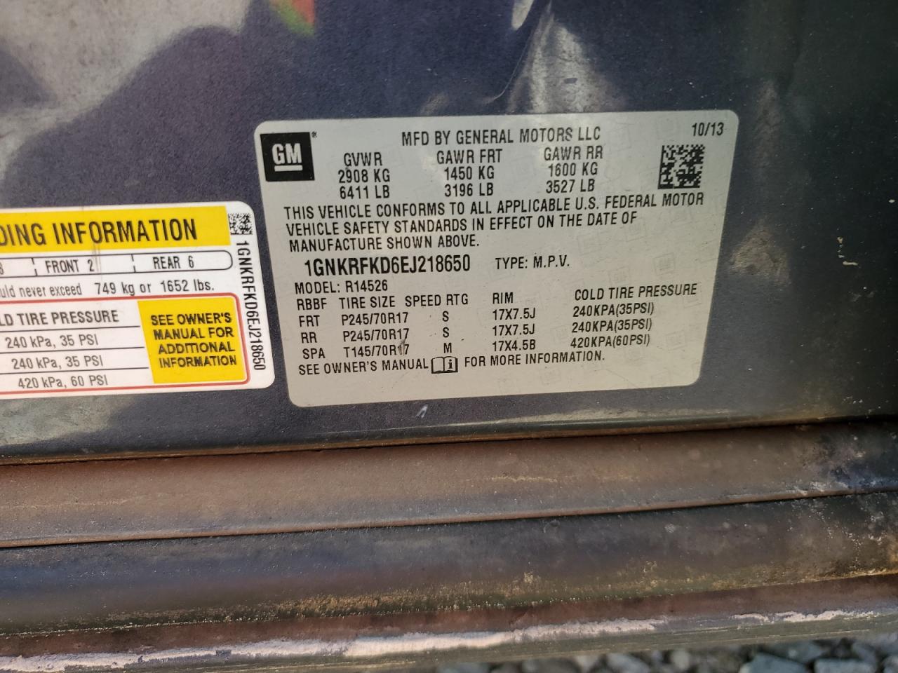 2014 Chevrolet Traverse VIN 1GNKRFKD6EJ218650 Copart auction photo, all over damage thumbnail 16