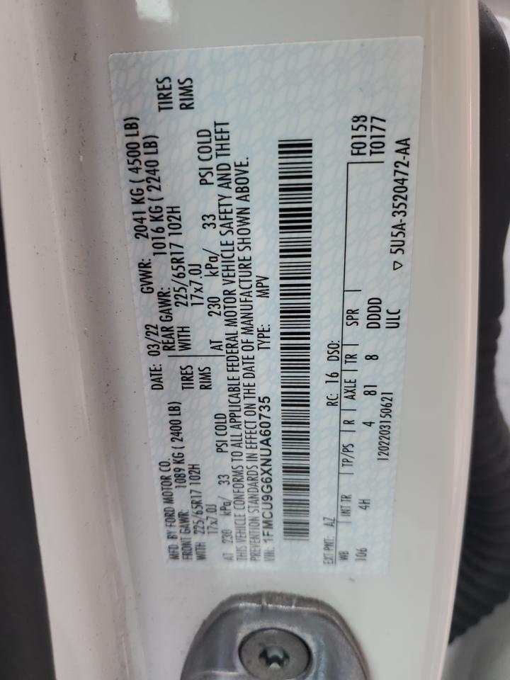2022 Ford Escape VIN 1FMCU9G6XNUA60735 Copart auction photo, mechanical damage thumbnail 13