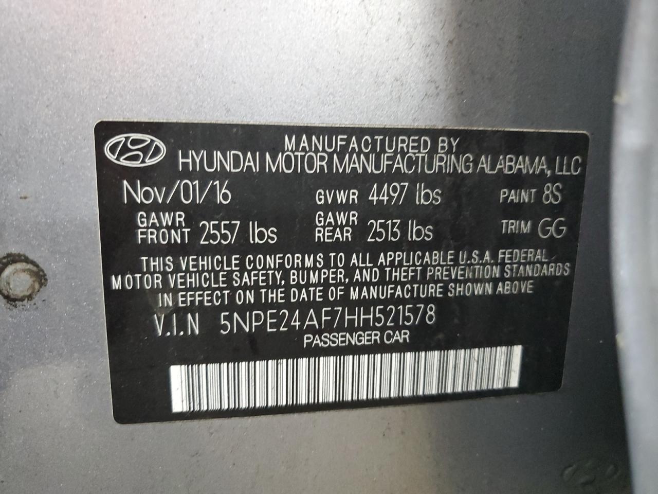 2017 Hyundai Sonata VIN 5NPE24AF7HH521578 Copart auction photo, vandalism damage thumbnail 12