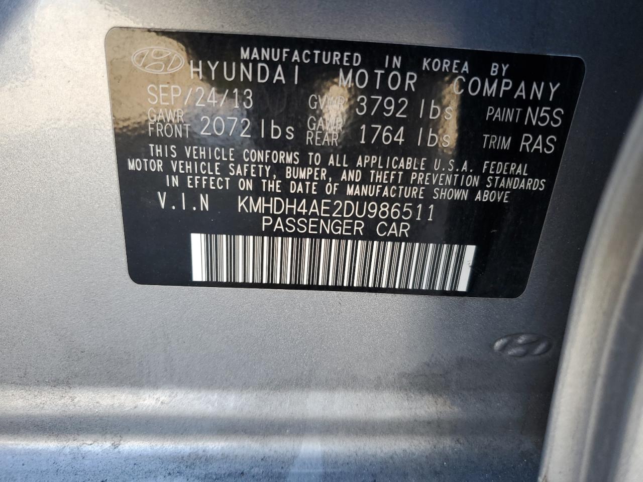 2013 Hyundai Elantra VIN KMHDH4AE2DU986511 Copart auction photo, front end damage thumbnail 15