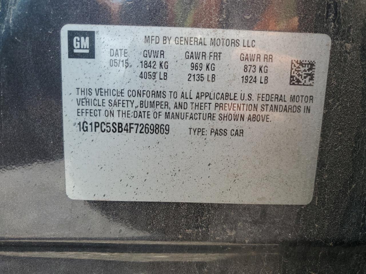2015 Chevrolet Cruze VIN 1G1PC5SB4F7269869 Copart auction photo, front end / minor dent/scratches damage thumbnail 12