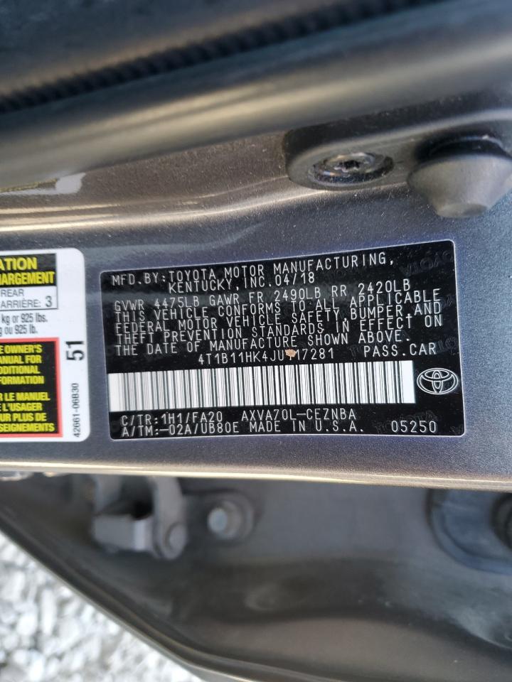 2018 Toyota Camry VIN 4T1B11HK4JU117281 Copart auction photo, front end damage thumbnail 12