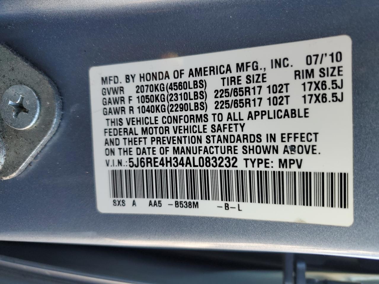2010 Honda CR-V VIN 5J6RE4H34AL083232 Copart auction photo, front end / undercarriage damage thumbnail 15