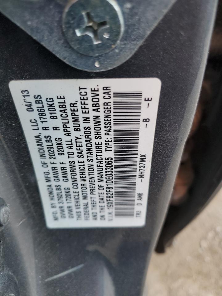 2013 Honda Civic VIN 19XFB2F81DE033065 Copart auction photo, side damage thumbnail 12