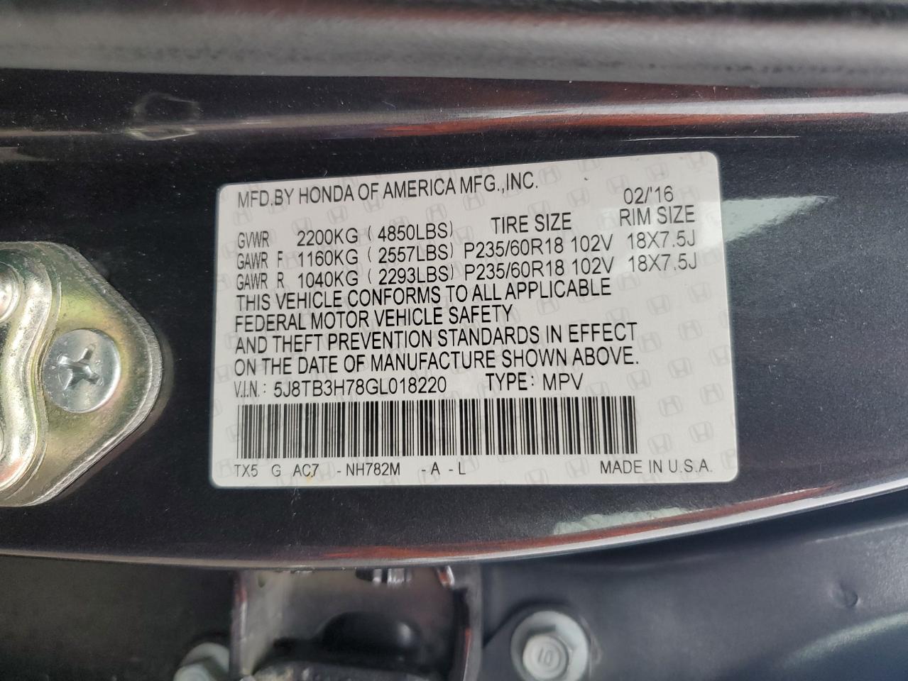 2016 Acura RDX VIN 5J8TB3H78GL018220 Copart auction photo, front end damage thumbnail 14
