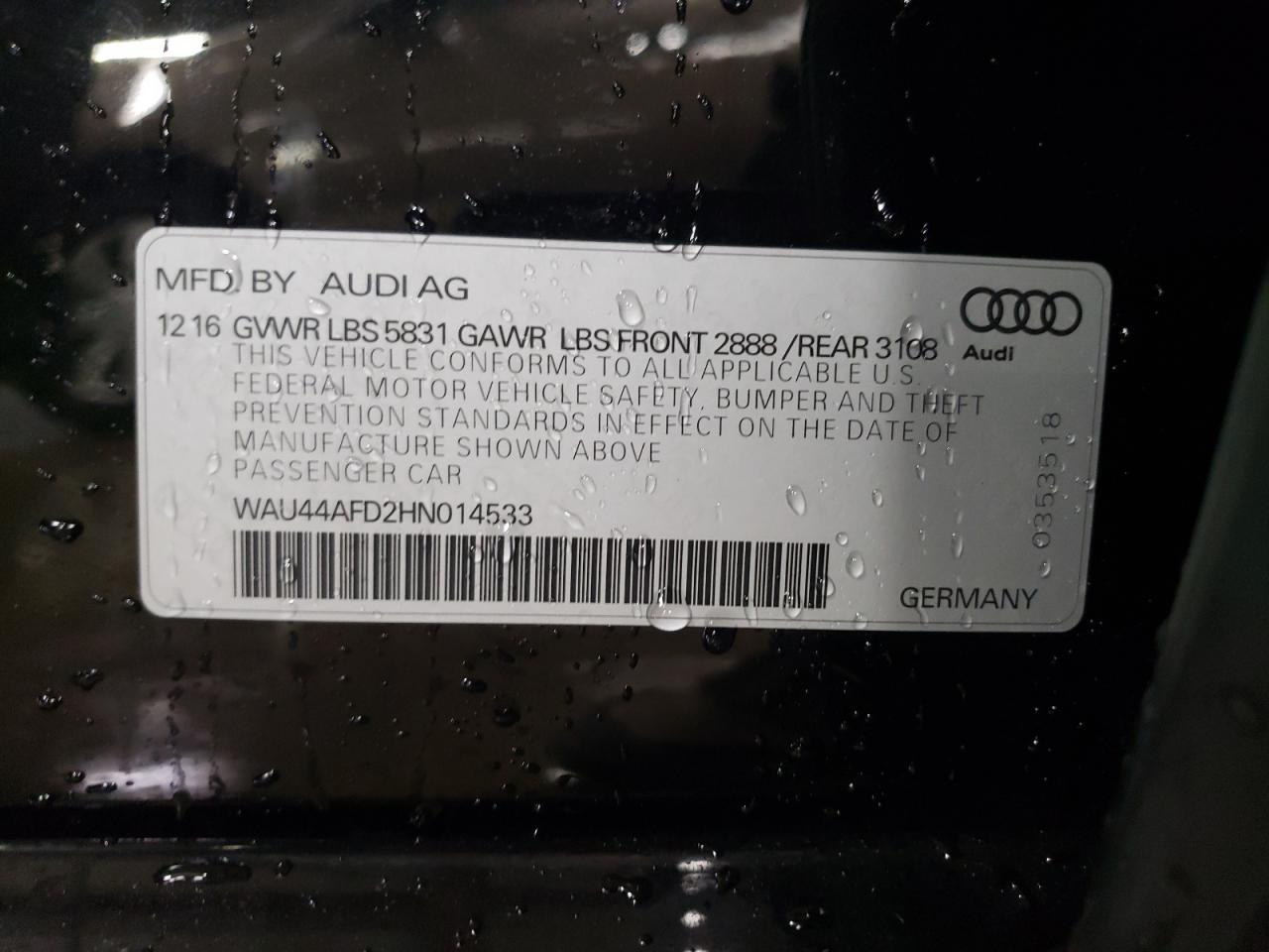 2017 Audi A8 VIN WAU44AFD2HN014533 Copart auction photo, side / rear end damage thumbnail 12