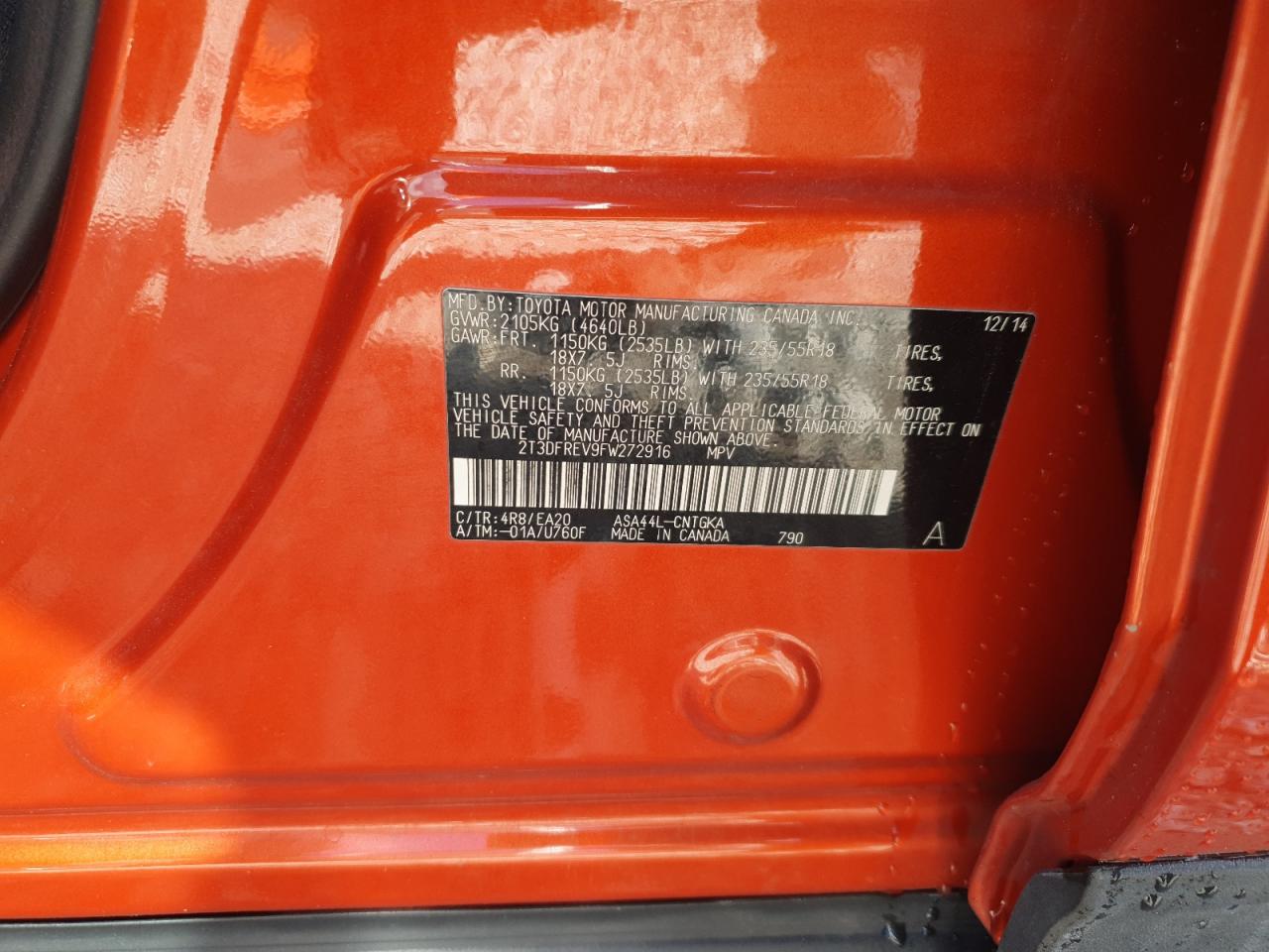 2015 Toyota RAV 4 VIN 2T3DFREV9FW272916 Copart auction photo, front end damage thumbnail 13