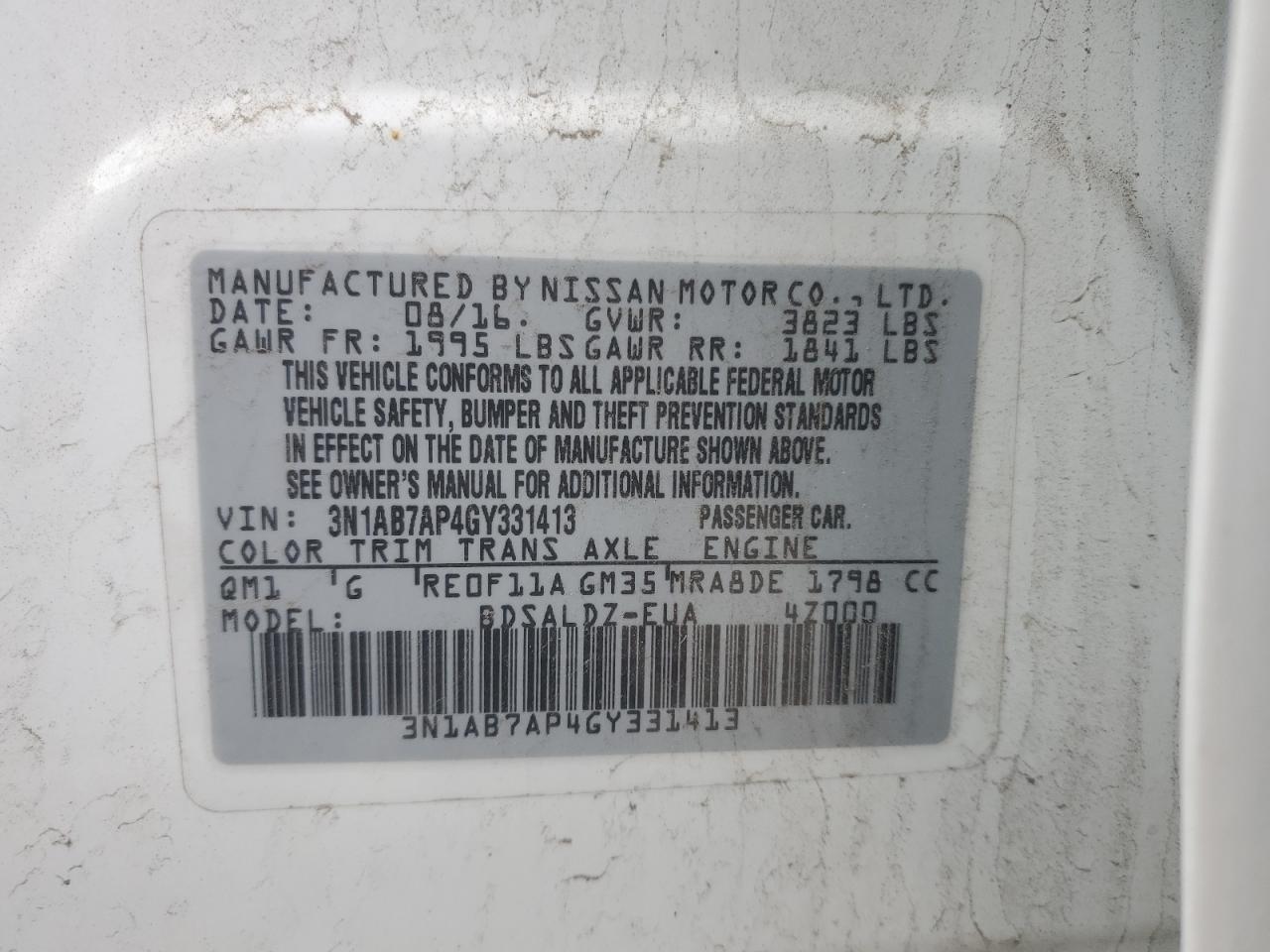 2016 Nissan Sentra VIN 3N1AB7AP4GY331413 Copart auction photo, front end damage thumbnail 13