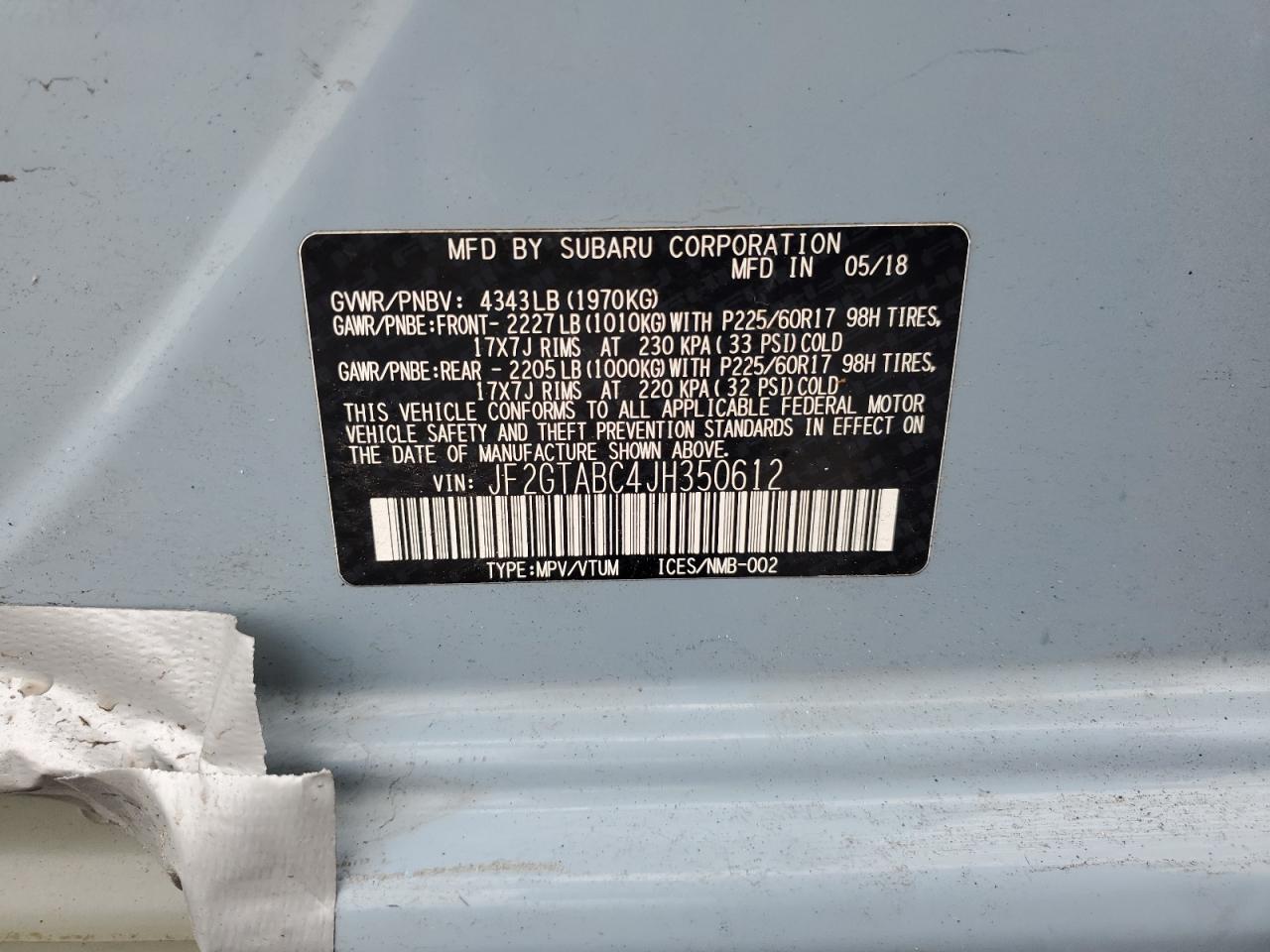 2018 Subaru XV VIN JF2GTABC4JH350612 Copart auction photo, side / front end damage thumbnail 13