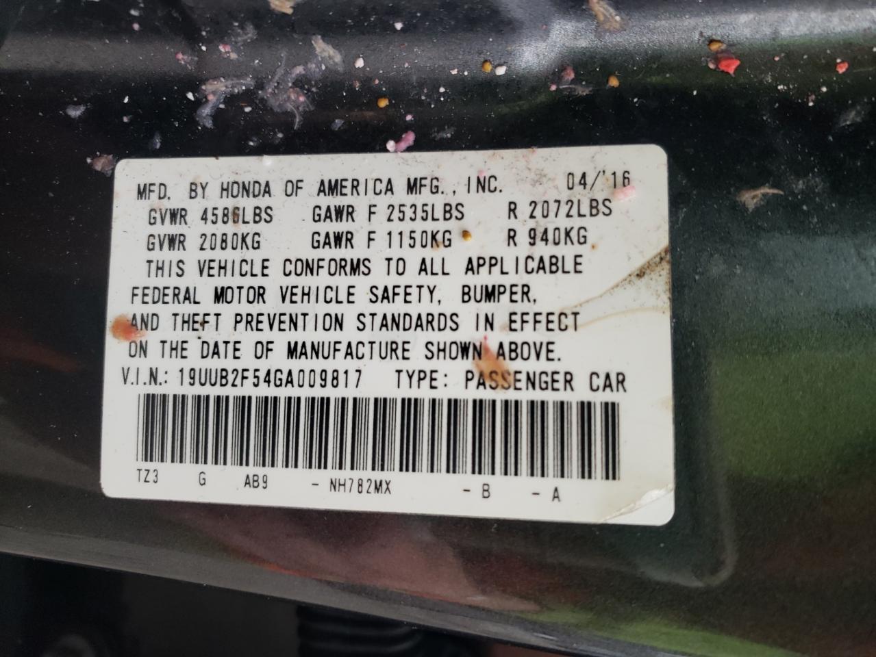 2016 Acura TLX VIN 19UUB2F54GA009817 Copart auction photo, front end / side damage thumbnail 12