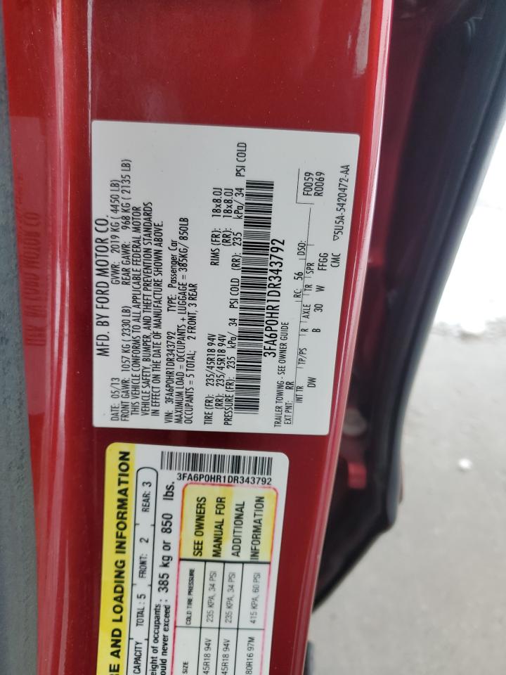 2013 Ford Fusion VIN 3FA6P0HR1DR343792 Copart auction photo, rear end / side damage thumbnail 14