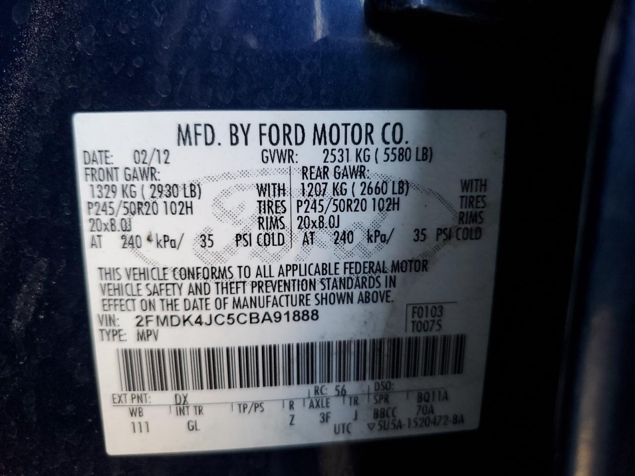 2012 Ford Edge VIN 2FMDK4JC5CBA91888 Copart auction photo, front end / side damage thumbnail 15