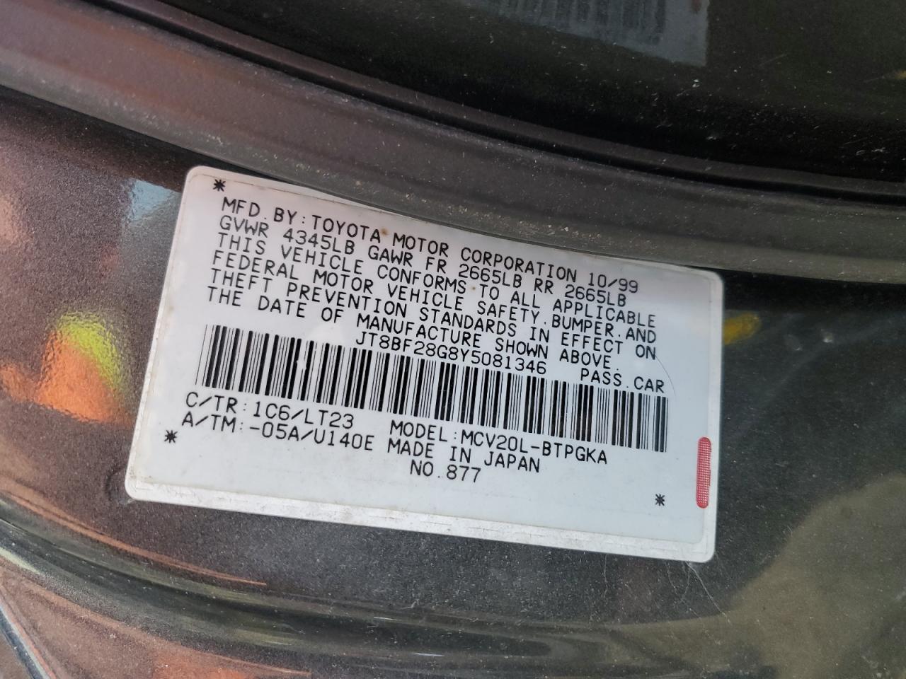 2000 Lexus ES VIN JT8BF28G8Y5081346 Copart auction photo, front end / side damage thumbnail 13