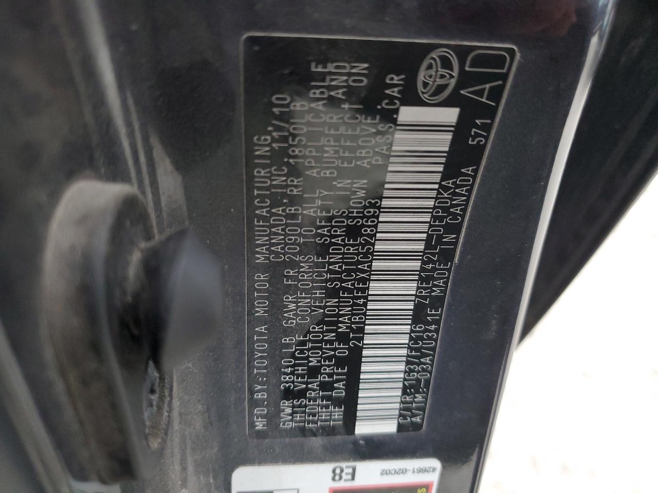2010 Toyota Corolla VIN 2T1BU4EEXAC528693 Copart auction photo, front end / side damage thumbnail 12