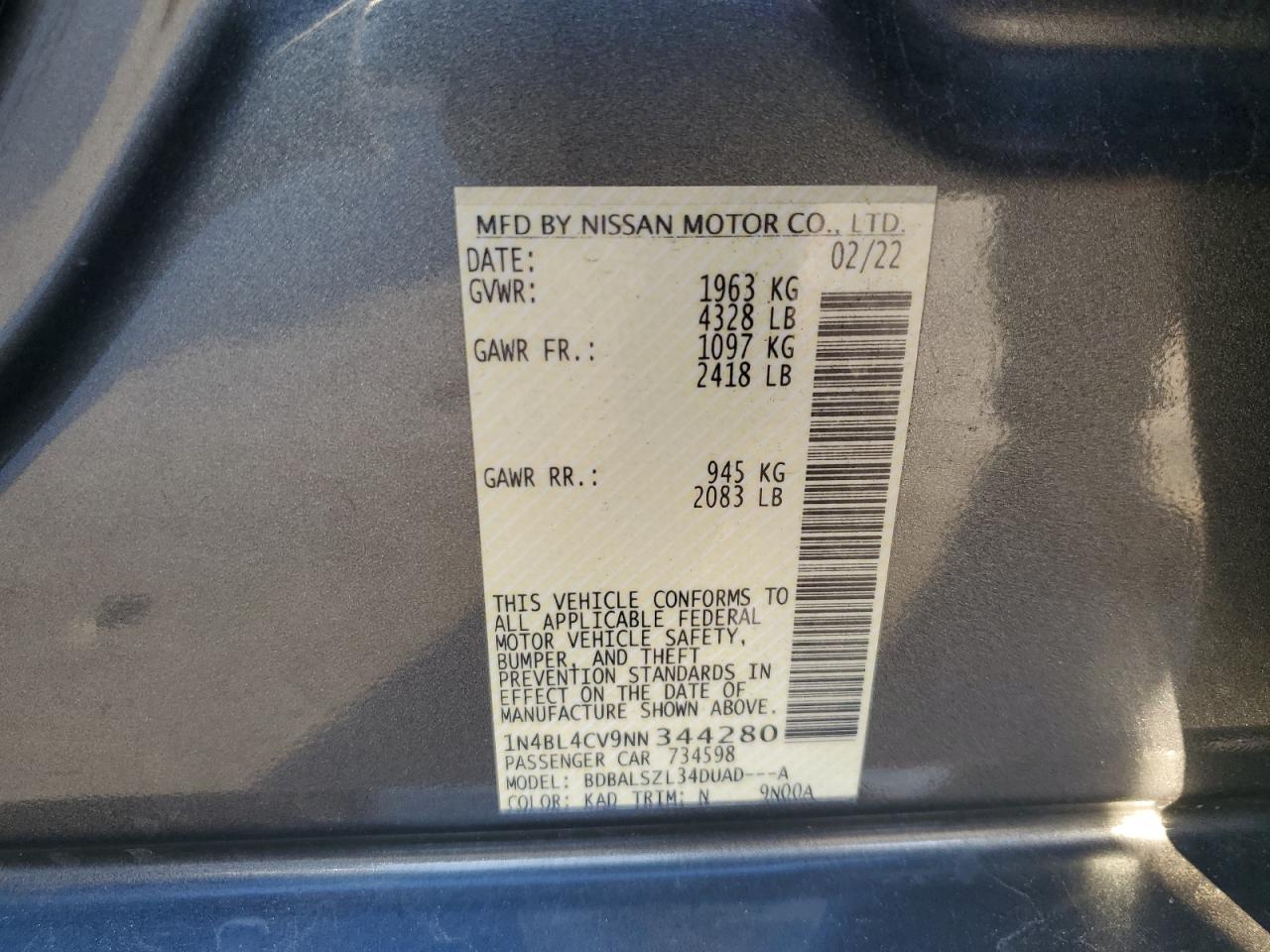 2022 Nissan Altima VIN 1N4BL4CV9NN344280 Copart auction photo, side damage thumbnail 14