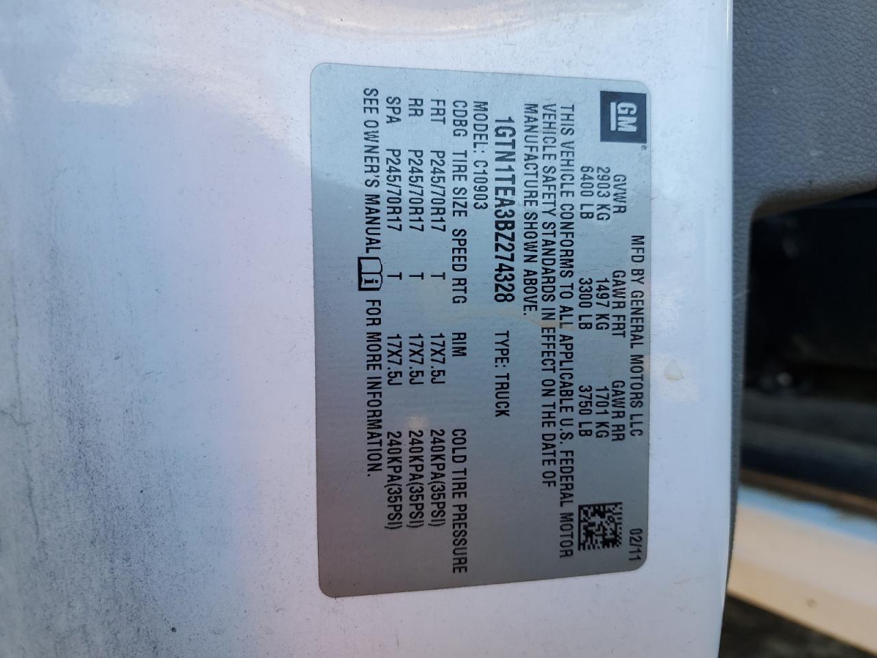 2011 GMC Sierra VIN 1GTN1TEA3BZ274328 Copart auction photo, front end / rear end damage thumbnail 15