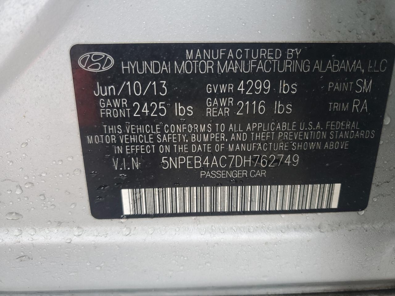 2013 Hyundai Sonata VIN 5NPEB4AC7DH762749 Copart auction photo, minor dent/scratches damage thumbnail 12