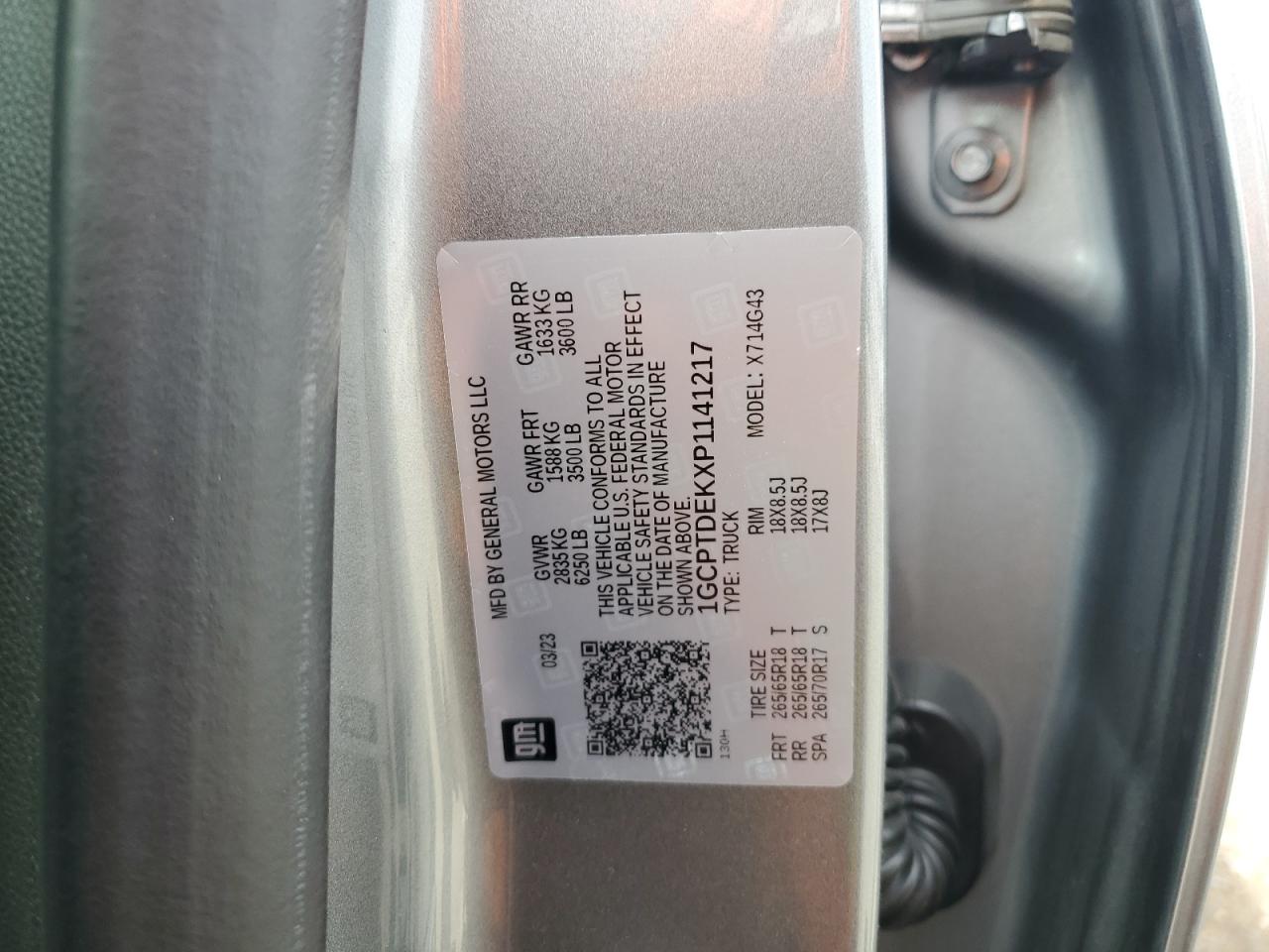 2023 Chevrolet Colorado VIN 1GCPTDEKXP1141217 Copart auction photo, biohazard/chemical / front end damage thumbnail 14