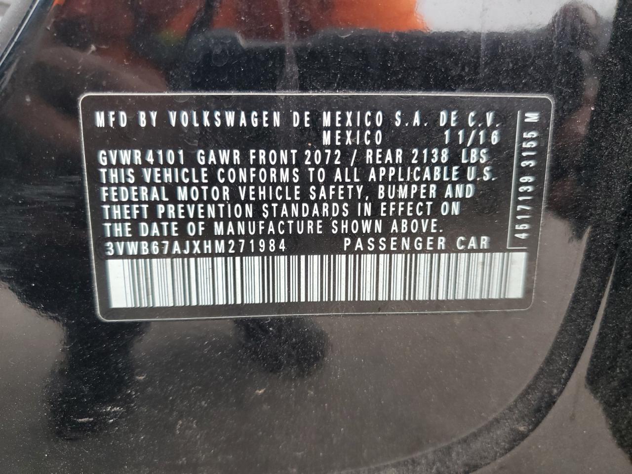 2017 Volkswagen Jetta VIN 3VWB67AJXHM271984 Copart auction photo, front end / partial repair damage thumbnail 13
